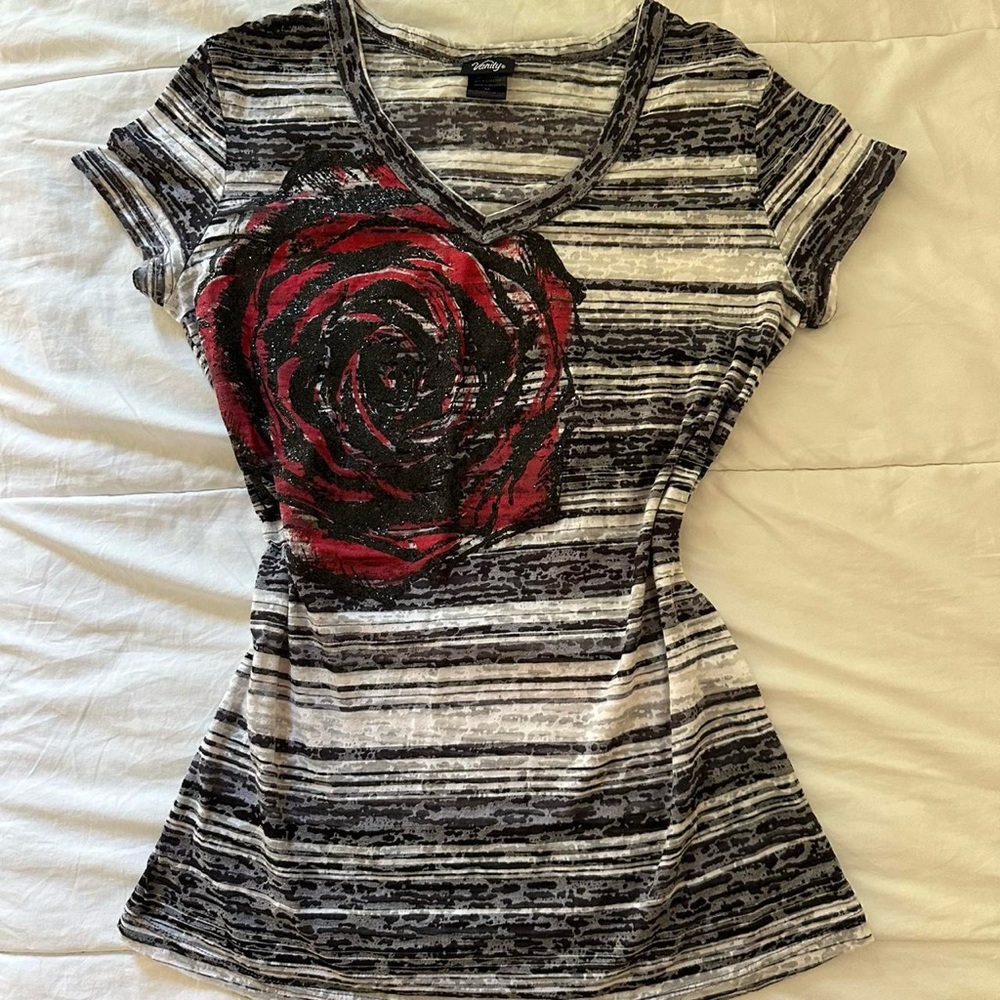 Punk black and white top with sparkly grunge rose graphic